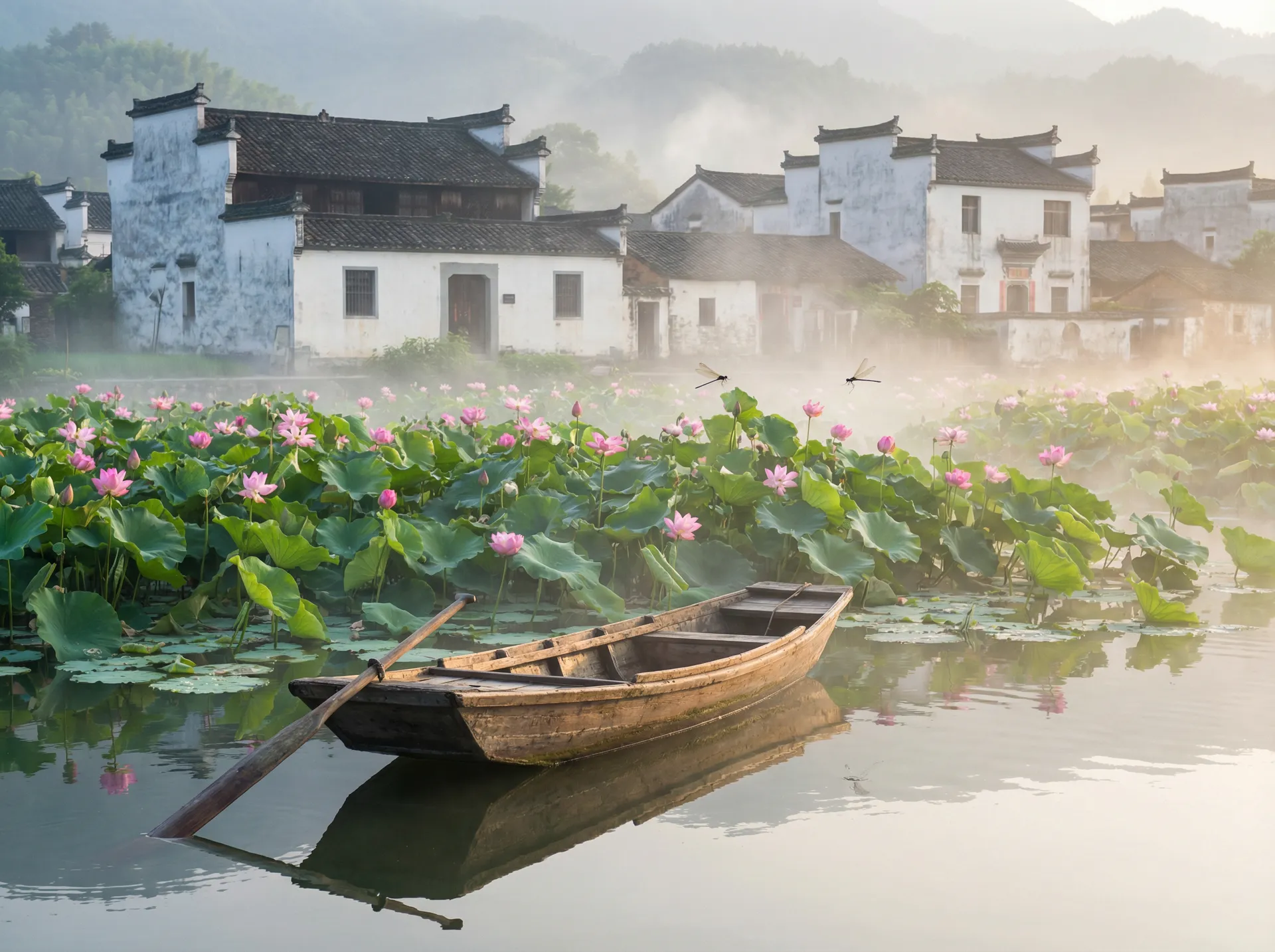 清晨荷塘小舟，粉色荷花盛开，白墙黑瓦的村庄 - 谷歌韩国 水乡风情